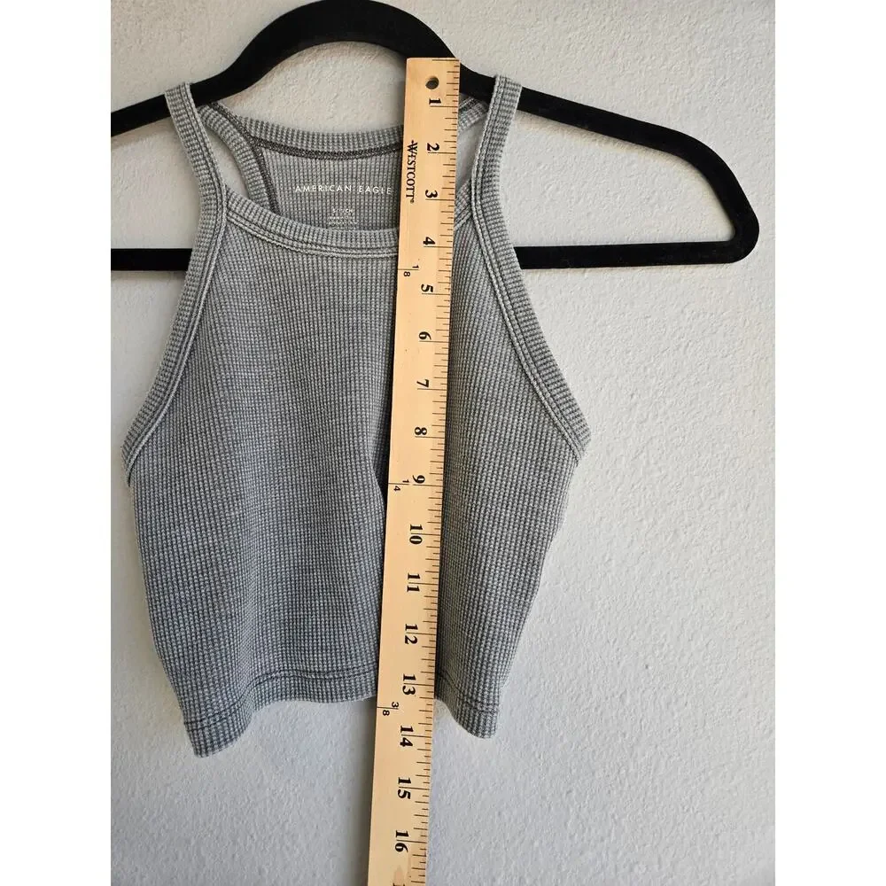 American Eagle Waffle Knit Cropped Tank Top High Neck Racerback Gray Size S‎